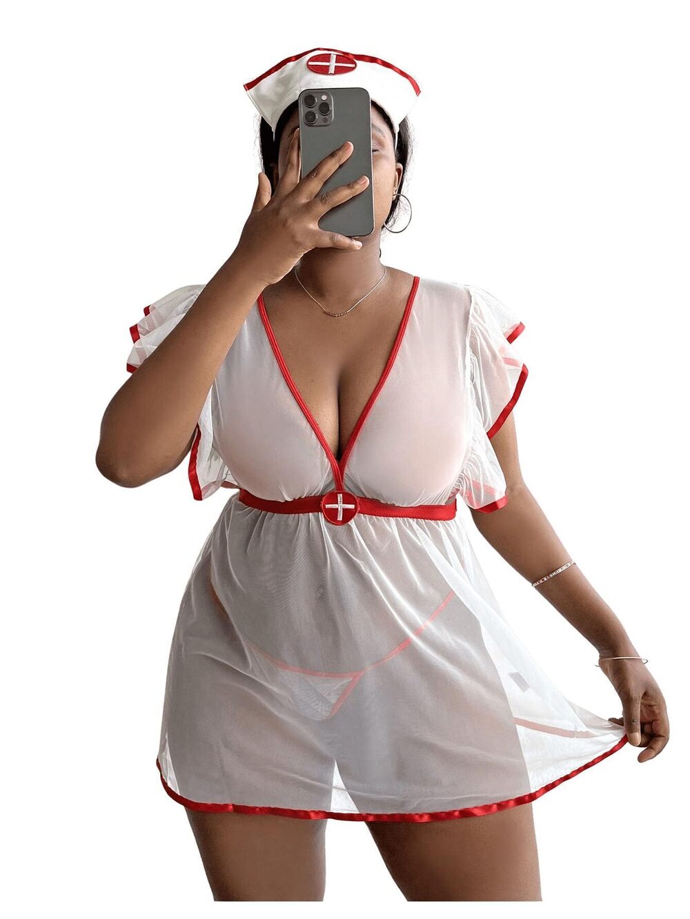 4824 Plus Size 3 Piece Nurse Roleplay Lingerie Set Mesh Sheer Naughty